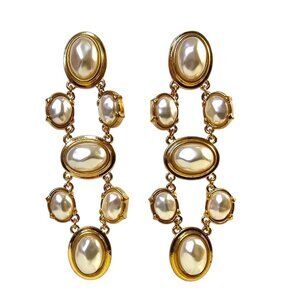 Chicos Gold Tone Faux Baroque Pearl Chandelier Statement Earrings